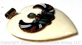 Egyptian Carved Bone Heart with Enamel Winged Scarab on 14kt Gold Bail