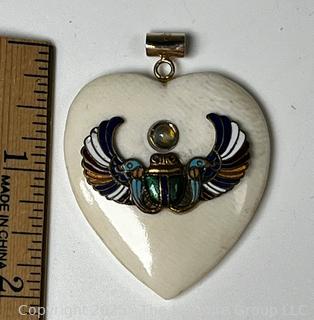 Egyptian Carved Bone Heart with Enamel Winged Scarab on 14kt Gold Bail