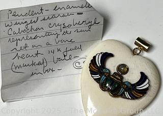 Egyptian Carved Bone Heart with Enamel Winged Scarab on 14kt Gold Bail