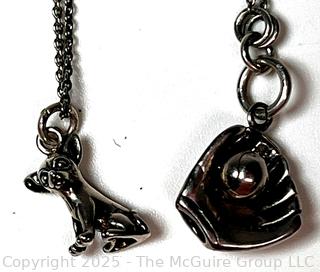 Two (2) Sterling Silver Necklaces with Charm Pennant - Baseball Mit & Dog