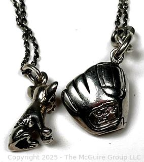 Two (2) Sterling Silver Necklaces with Charm Pennant - Baseball Mit & Dog