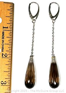 Faceted Smokey Quartz on Long Chain Earrings. 