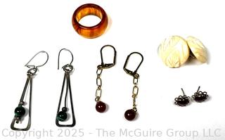 Four (4) Pairs of Earrings and Stone Ring
