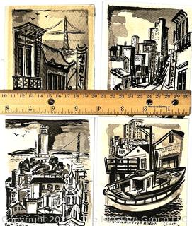 Four (4) Unframed Wood Block Prints of San Francisco Signed by Artist Austin