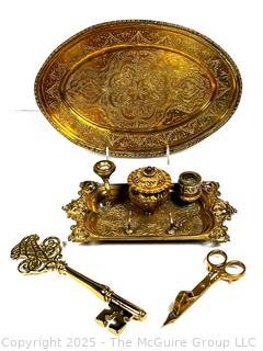 French Rococo Inkwell Desk Set, Candle Snuffer Wick Cutter, Etched Tray and Decorative Skeleton Key