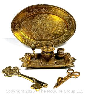 French Rococo Inkwell Desk Set, Candle Snuffer Wick Cutter, Etched Tray and Decorative Skeleton Key