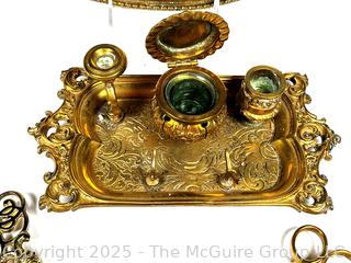 French Rococo Inkwell Desk Set, Candle Snuffer Wick Cutter, Etched Tray and Decorative Skeleton Key
