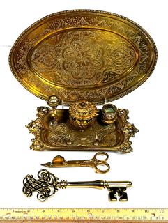French Rococo Inkwell Desk Set, Candle Snuffer Wick Cutter, Etched Tray and Decorative Skeleton Key