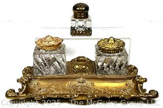 Art Nouveau Brass and Glass Inkwell Desk Set