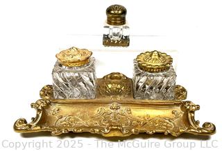 Art Nouveau Brass and Glass Inkwell Desk Set