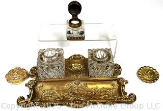 Art Nouveau Brass and Glass Inkwell Desk Set