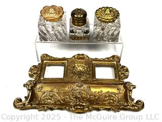 Art Nouveau Brass and Glass Inkwell Desk Set