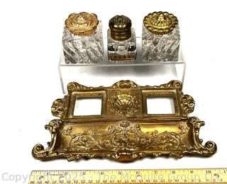 Art Nouveau Brass and Glass Inkwell Desk Set