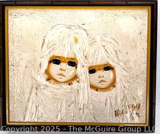 Abstract Impasto Acrylic Oil on Canvas of Big Eye Waifs In The Style of Margaret Keane. Signed by Artist Eric Raach. 16 1/2" x 20". 