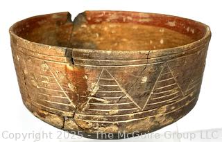 Pre-Columbian Mesoamerican Clay Incised and Painted with Interlocking Geometric Bands Bowl.  Repaired.