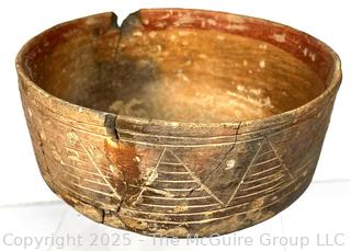 Pre-Columbian Mesoamerican Clay Incised and Painted with Interlocking Geometric Bands Bowl.  Repaired.