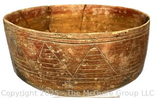 Pre-Columbian Mesoamerican Clay Incised and Painted with Interlocking Geometric Bands Bowl.  Repaired.