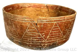 Pre-Columbian Mesoamerican Clay Incised and Painted with Interlocking Geometric Bands Bowl.  Repaired.