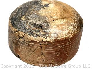 Pre-Columbian Mesoamerican Clay Incised and Painted with Interlocking Geometric Bands Bowl.  Repaired.