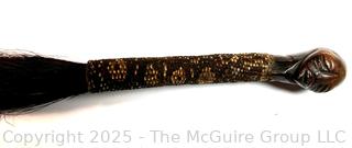 Central African Horse Hair with Figural Carved Wood Handle and Braided Leather Fly Whisk