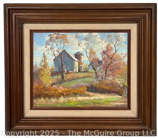 Framed Oil on Board of Farm Signed by Artist Podlaski. 13 x 15"