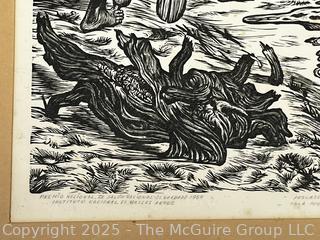 Framed Under Glass Linocut Titled Mojeres Island Fishermen Signed by Artist Adolfo Quinteros (Mexican, 1927-1994) .22 x 26"