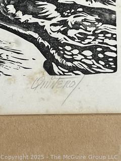 Framed Under Glass Linocut Titled Mojeres Island Fishermen Signed by Artist Adolfo Quinteros (Mexican, 1927-1994) .22 x 26"