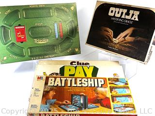 Five (5) Board Games Including Battleship, Clue, Payday, Ouija & Tripoley