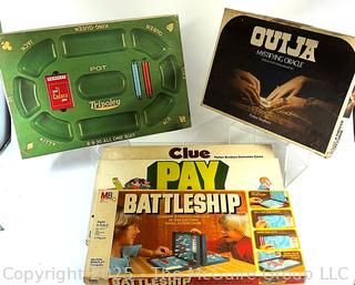 Five (5) Board Games Including Battleship, Clue, Payday, Ouija & Tripoley
