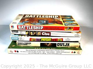 Five (5) Board Games Including Battleship, Clue, Payday, Ouija & Tripoley