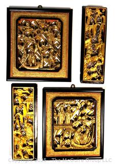 Four (4) Chinese Carved Giltwood Figural Floral Panels 