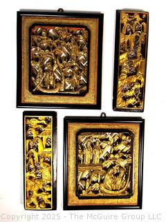 Four (4) Chinese Carved Giltwood Figural Floral Panels 