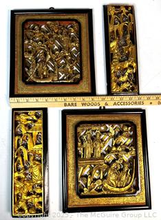 Four (4) Chinese Carved Giltwood Figural Floral Panels 