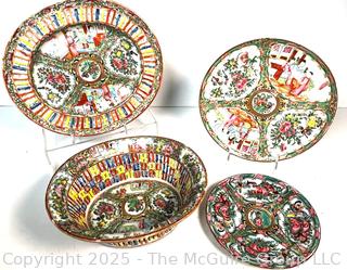 Four (4) Chinese Hand Painted Famille Rose Porcelain Plates and Serving Bowls