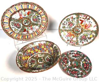 Four (4) Chinese Hand Painted Famille Rose Porcelain Plates and Serving Bowls
