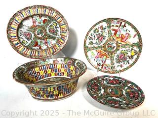 Four (4) Chinese Hand Painted Famille Rose Porcelain Plates and Serving Bowls