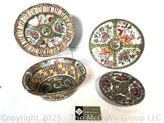 Four (4) Chinese Hand Painted Famille Rose Porcelain Plates and Serving Bowls