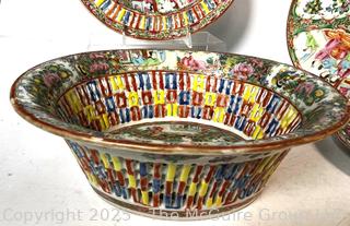 Four (4) Chinese Hand Painted Famille Rose Porcelain Plates and Serving Bowls