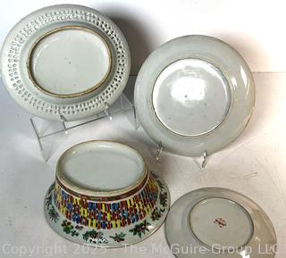 Four (4) Chinese Hand Painted Famille Rose Porcelain Plates and Serving Bowls