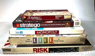 Five (5) Board Games Including Scrabble, Risk, Life, Stratego and Monopoly