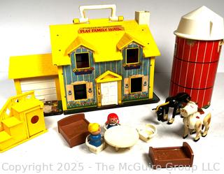 Vintage Fisher Price Play Family "Little People" Yellow House #952 + Farm Accessories