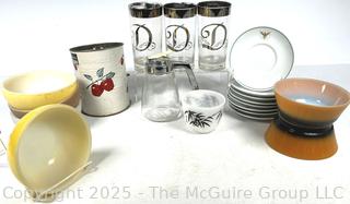 Fire-King Mixing Bowls, Bromwell Flour Sifter, Noritake Saucers, Mid Century Glassware and More