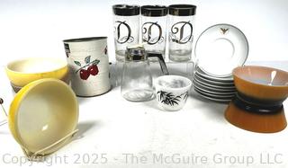 Fire-King Mixing Bowls, Bromwell Flour Sifter, Noritake Saucers, Mid Century Glassware and More