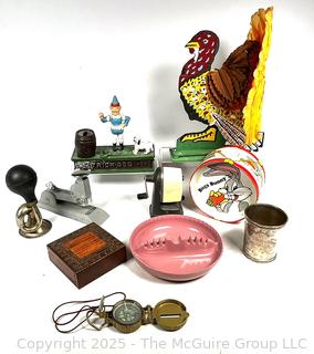 Compass, Horn, Decorations, Stapler, Pencil Sharpener, Cast Iron Bank, Trinket Box. 