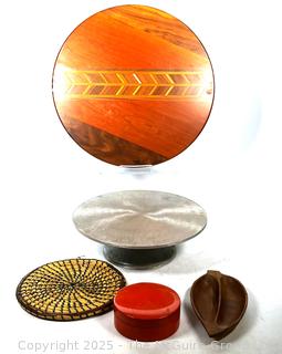 Inlaid Wood Serving Board, Sweet Grass Trivet, Lacquer Box Etc