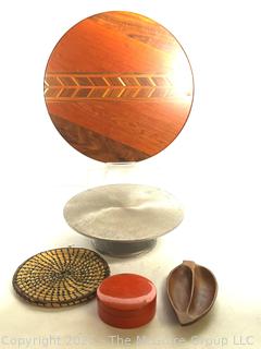 Inlaid Wood Serving Board, Sweet Grass Trivet, Lacquer Box Etc