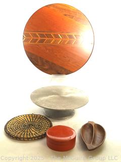 Inlaid Wood Serving Board, Sweet Grass Trivet, Lacquer Box Etc