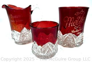 Three (3) Pieces of Ruby Flashed Glass Including Souvenir from Coney Island   and 1904 Worlds Fair and 