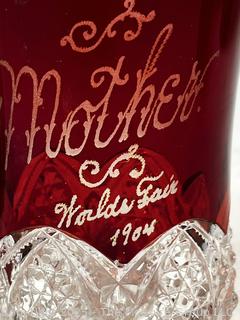 Three (3) Pieces of Ruby Flashed Glass Including Souvenir from Coney Island   and 1904 Worlds Fair and 