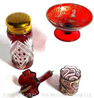 Four (4) Pieces of Ruby and Cut Crystal Glass